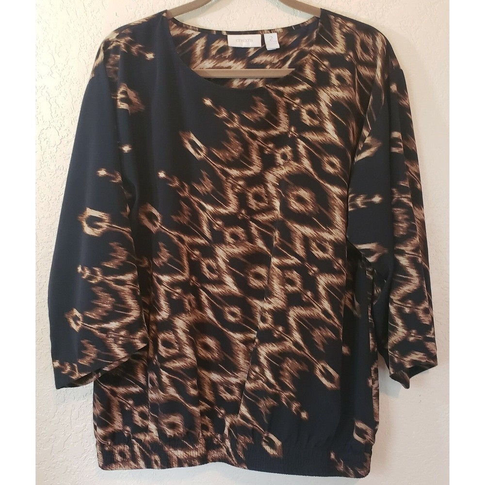 Chicos Animal Print Blouse Shirred Waist, Sz Large 3/4 Sleeve